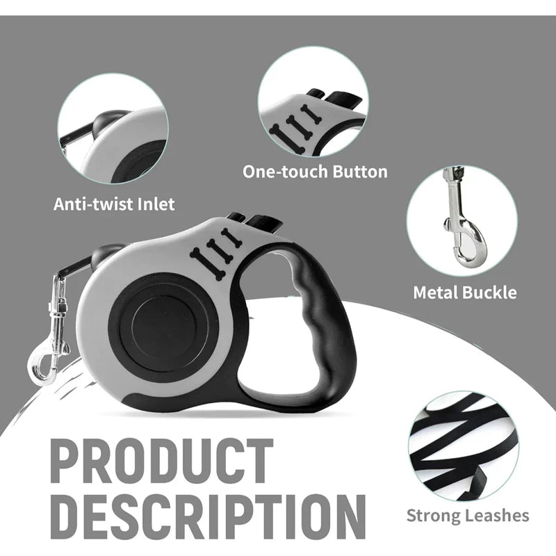 Coleira Guia Retrátil 3/5 Metros Pet para Cães e Gatos Resistente com Trava até 11kg